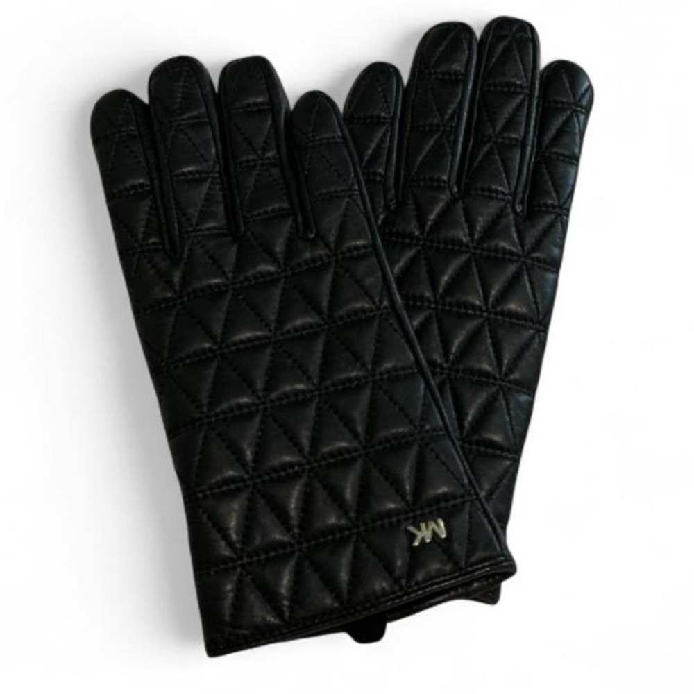 Michael Kors Quilted Leather Gloves Womens S Black Excellent Gold MK Logo Luxury